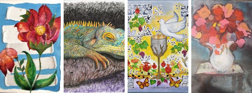 Four artworks from the Interactive Artists Group class at JCCDenver.
